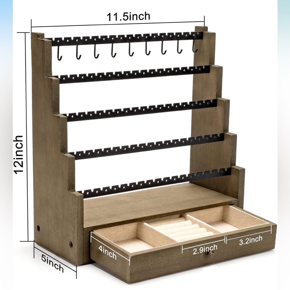 Wood Jewelry Organizer with Drawer and Multiple Earring Racks - Brown